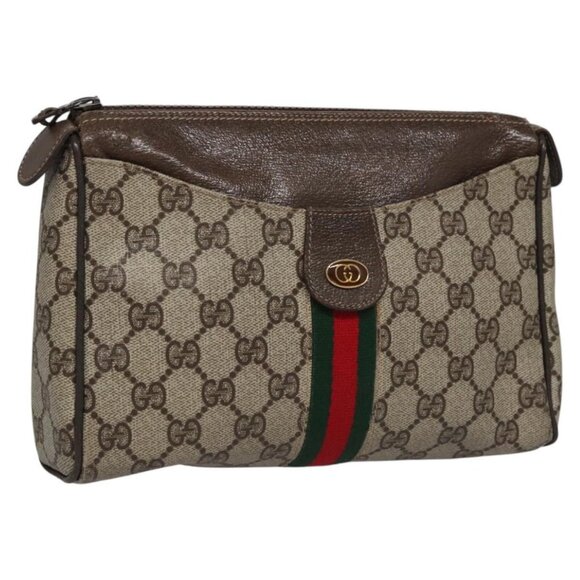 GUCCI GG Supreme Web Sherry Line Clutch Bag PVC Beige Red Green Auth 100741 - Picture 1 of 16